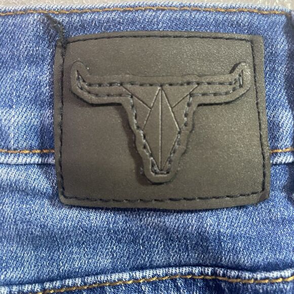 LUCKY & BLESSED Jeans Super Flare Bell Bottom Mid Rise Distressed Womens 8 Blue - Picture 9 of 11